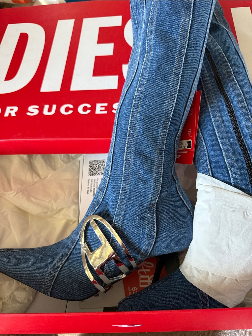 Diesel Blue Denim Boot-Cut Knee Boots with Silver Logo Accent